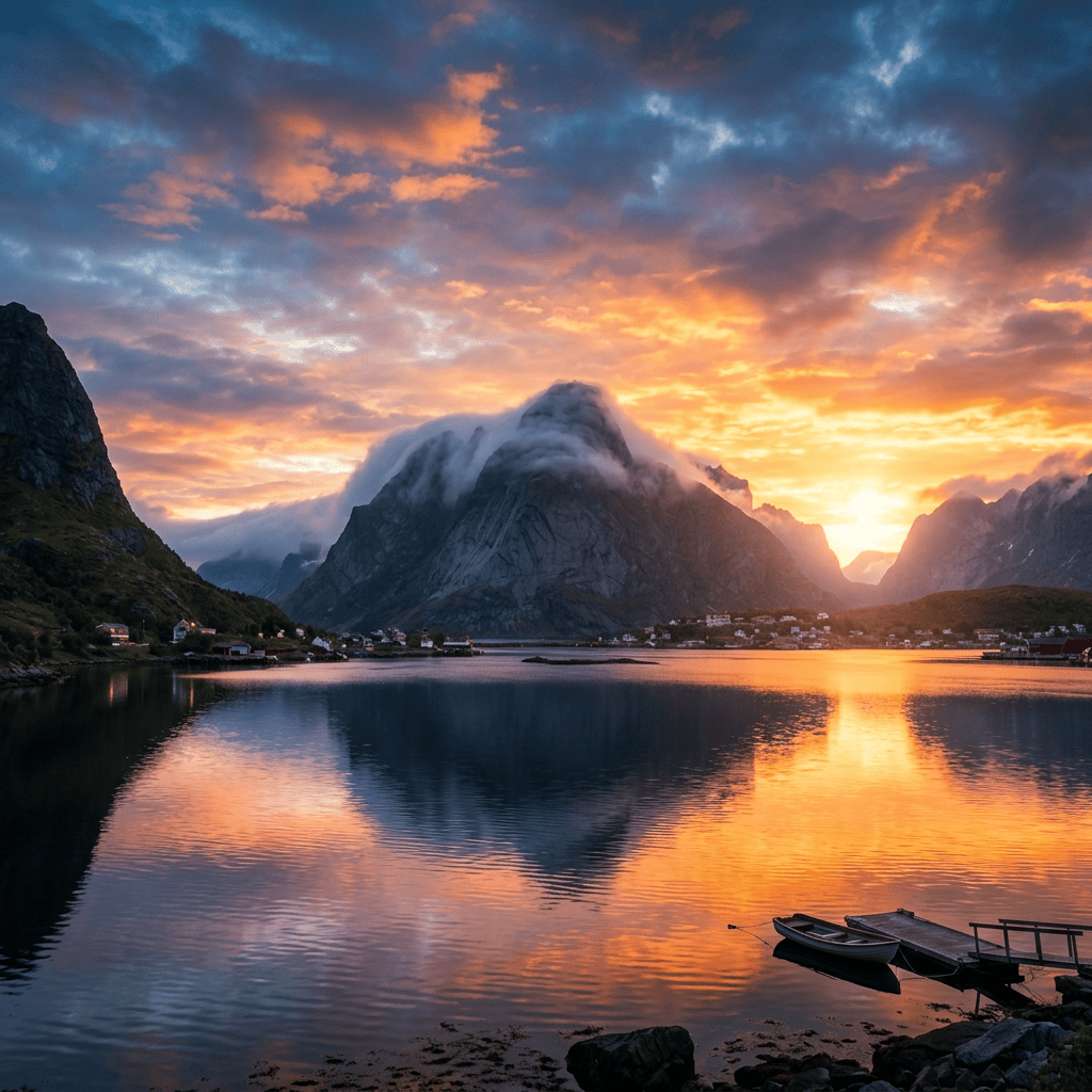 Sunset over a fjord with mountains, village, and boats